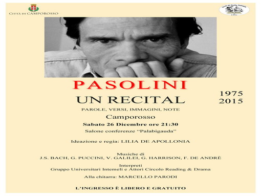 Camporosso: questa sera appuntamento teatral-musicale dedicato a Pasolini al nuovo Palabigauda