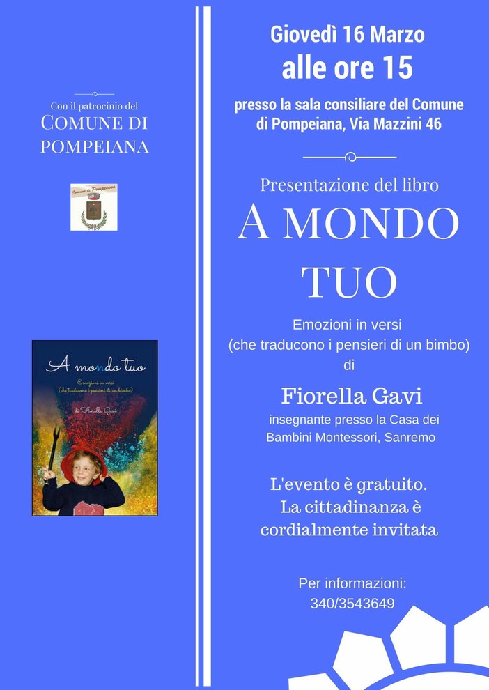 Pompeiana: questo pomeriggio la presentazione del libro “A mondo tuo” di Fiorella Gavi