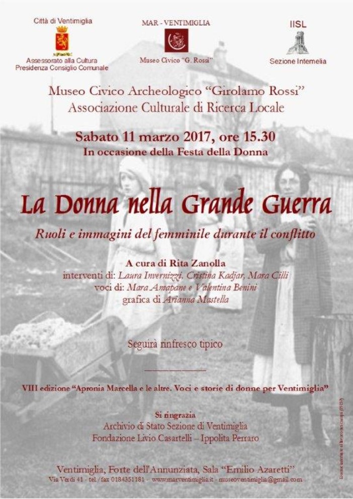 Ventimiglia: la Festa della Donna al Museo “G. Rossi” con la conferenza “La donna nella Grande Guerra”