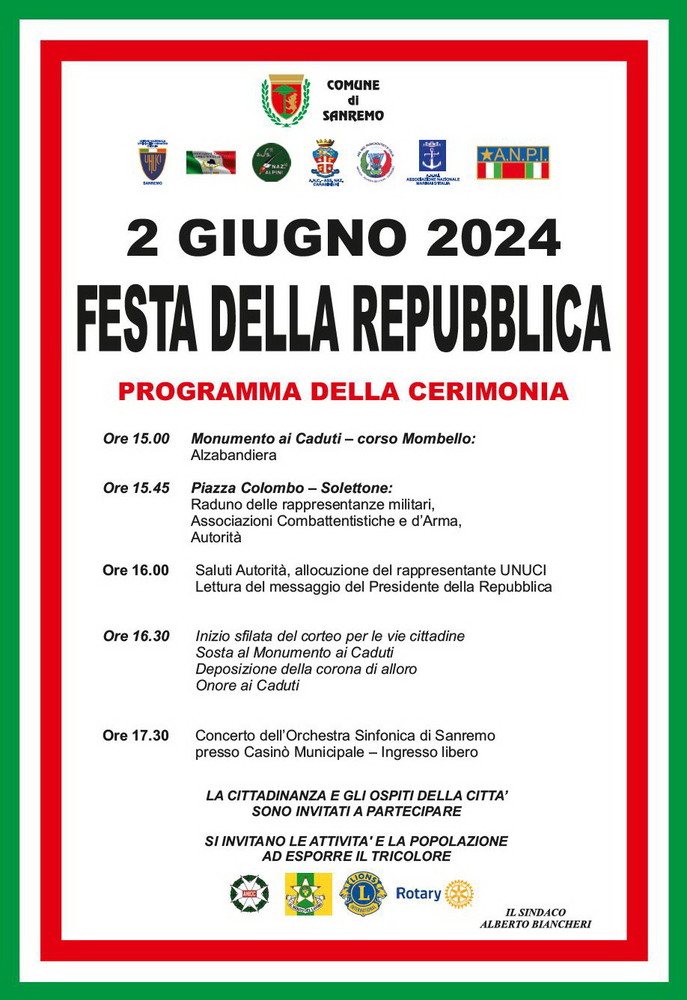 Sanremo: Festa della Repubblica di domenica 2 giugno, il programma delle celebrazioni