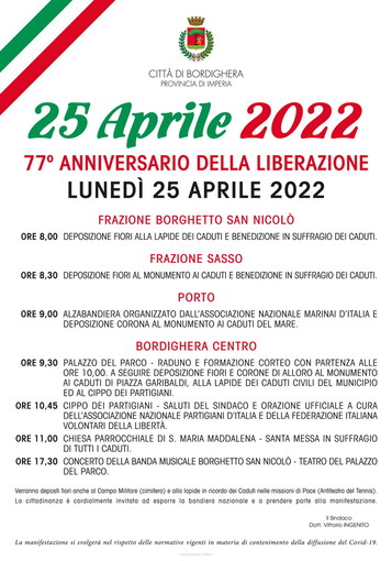 Bordighera: celebrazioni del 25 Aprile - Festa della Liberazione. tutto il programma