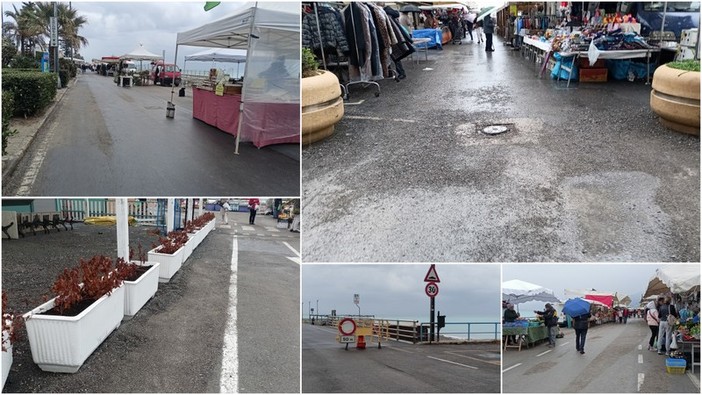 Bordighera, la pioggia non ferma il mercato del giovedì: bancarelle tra la ghiaia (Foto e video)