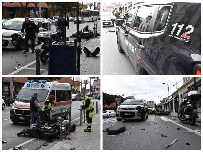 Sanremo, tremendo scontro frontale auto - scooter in via Roma: due feriti all’ospedale (foto)