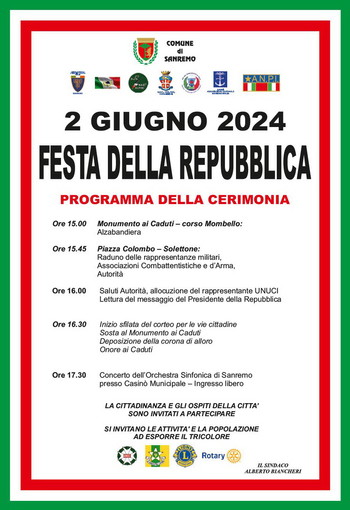 Sanremo: Festa della Repubblica di domenica 2 giugno, il programma delle celebrazioni