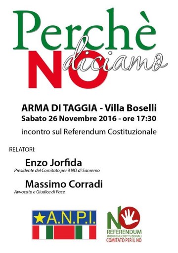 Arma di Taggia: incontro con Vice Presidente del Comitato Provinciale ANPI e il Presidente del &quot;Comitato per il No&quot;