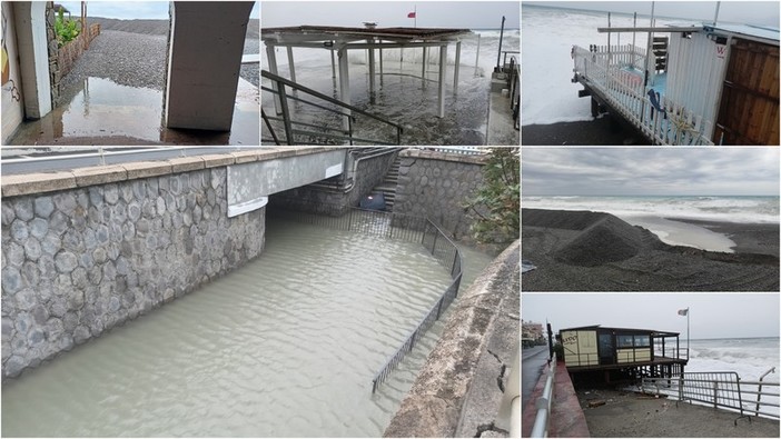 Mareggiata a Bordighera, le onde raggiungono la passeggiata e gli stabilimenti balneari (Foto e video)