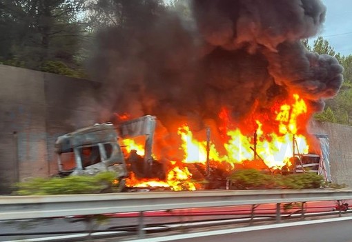 Imperia, incendio in A10: camion divorato dalle fiamme (foto)