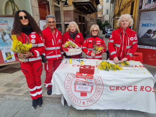 Sanremo: mazzi di mimosa distribuiti a donne, uomini e bambini dalla Croce Rossa Italiana