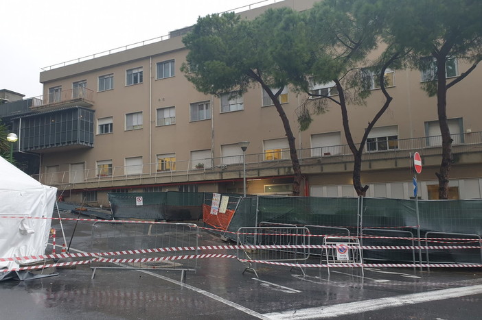 Maltempo sul Ponente: albero pericolante e zona transennata nel parcheggio dell'ospedale di Imperia