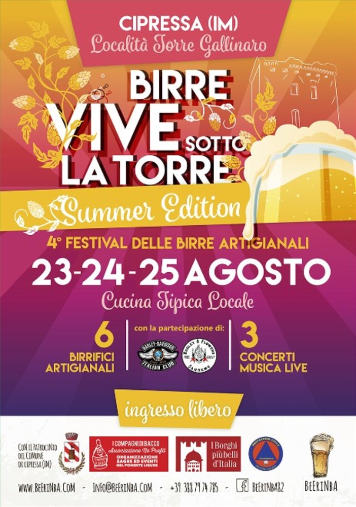 Cipressa: il 23 agosto al via il 4° Festival delle birre artigianali “Birre Vive sotto la Torre Summer Edition”