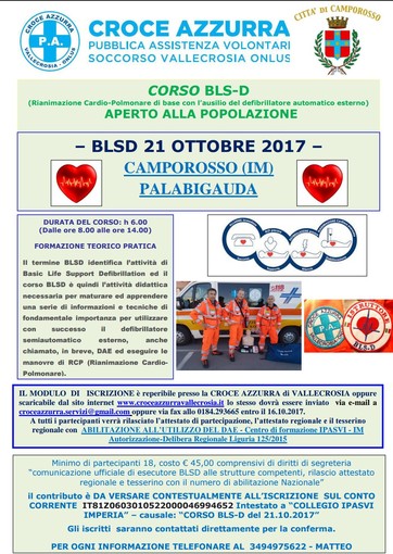 Camporosso: iscrizioni aperte al corso per l'uso del defibrillatore e disostruzione delle vie aeree