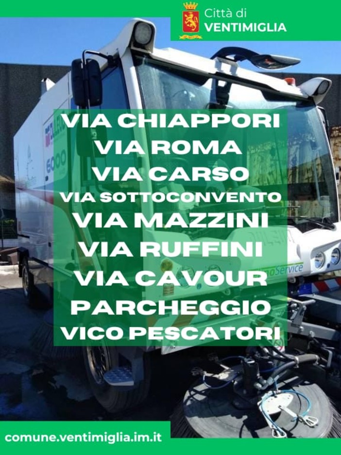 Ventimiglia: ecco i divieti di sosta per il lavaggio strade previsto ogni quarto mercoledì del mese