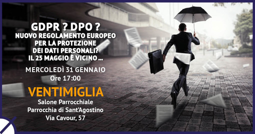 Ventimiglia: oggi pomeriggio nel salone parrocchiale di Sant'Agostino seminario sul Regolamento Europeo per la protezione dei dati personali