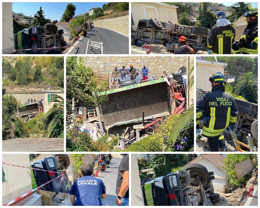 Sanremo: camion finisce fuori strada in via Val d'Olivi, conducente illeso ma problemi per rimuovere il mezzo (Foto e Video)