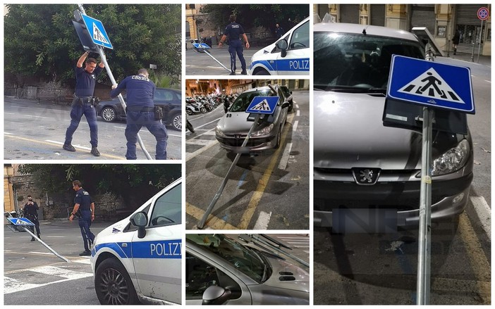 Sanremo: abbattono il cartello della segnaletica in piazza Eroi e fuggono, indagini della Municipale (Foto)