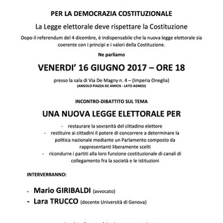 Imperia: venerdì sera incontro sulla legge elettorale promosso dal Coordinamento Imperiese per la Democrazia Costituzionale