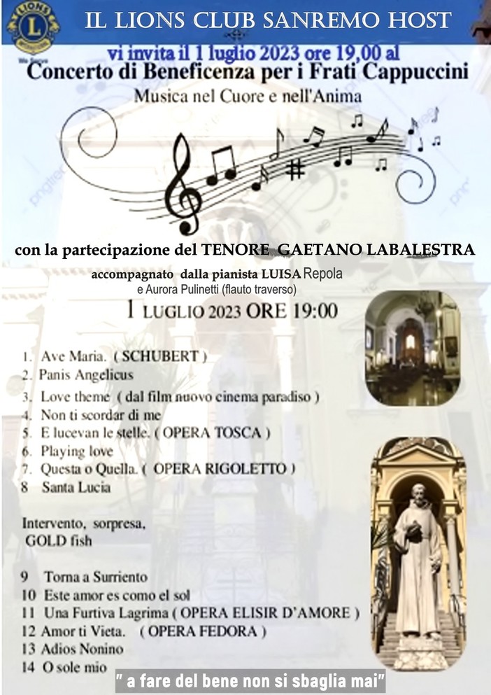 Sanremo: alla chiesa dei Frati Cappuccini concerto benefico per sostenere i Frati Cappuccini