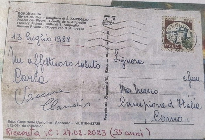 Una cartolina spedita da Bordighera a Campione d'Italia: tutto normale? No, è arrivata dopo 35 anni