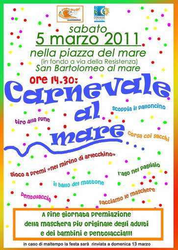 San Bartolomeo al Mare: sabato prossimo festa di Carnevale per i bambini