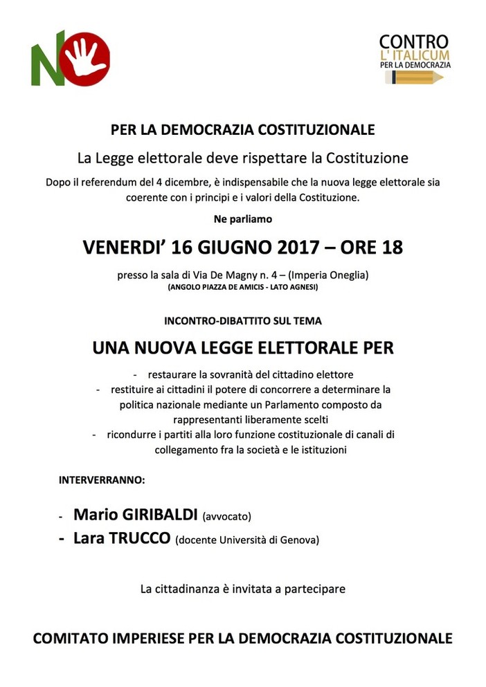 Imperia: venerdì sera incontro sulla legge elettorale promosso dal Coordinamento Imperiese per la Democrazia Costituzionale