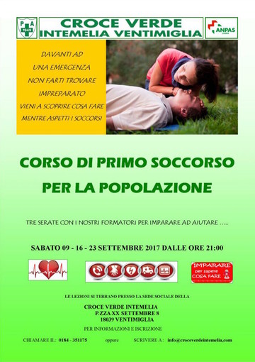 Ventimiglia: a settembre corsi di primo soccorso nella sede della Croce Verde Intemelia