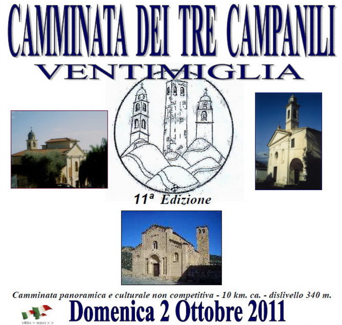 Ventimiglia: domenica 2 ottobre l'11a edizione della 'Camminata dei Tre Campanili'