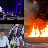 A destra: l'incendio della 'Venere degli Stracci' a Napoli (foto Ansa). A sinistra, dall'alto: la 'Venere degli stracci' al Tenco 2018 e Don Rito Alvarez