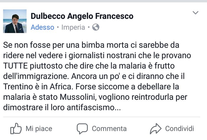 Imperia: bimba morta per malaria a Brescia, fa discutere un post su Facebook di Angelo Dulbecco (Forza Italia)