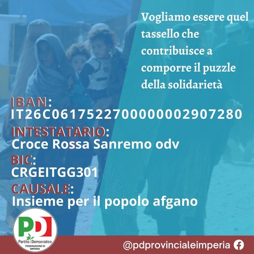 Il Pd Imperia sostiene la raccolta fondi della Croce Rossa per il popolo afgano