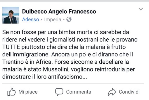 Imperia: bimba morta per malaria a Brescia, fa discutere un post su Facebook di Angelo Dulbecco (Forza Italia)