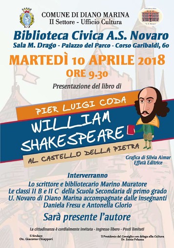 Diano Marina: martedì alla Biblioteca civica la presentazione del libro “William Shakespeare al Castello della Pietra” di Pier Luigi Coda