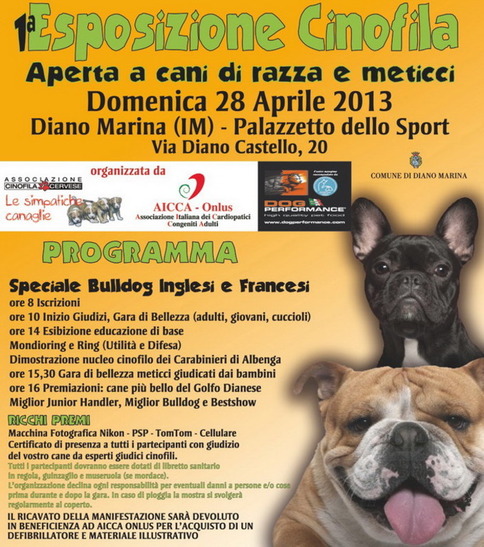 Al Palazzetto dello Sport di Diano Marina, organizzata dall'associazione cervese 'Le simpatiche canaglie' domenica l'Esposizione Cinofila