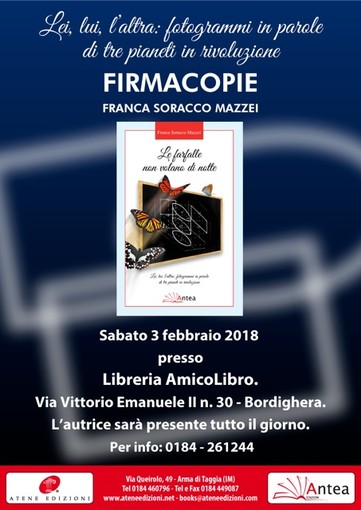 Bordighera: sabato 3 febbraio, firmacopie con Franca Soracco Mazzei presso la libreria AmicoLibro