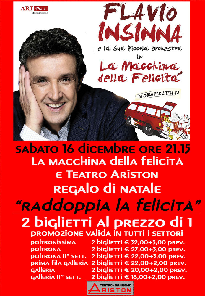 Sanremo: 2 biglietti al prezzo di 1 per lo spettacolo 'La macchina della felicità' di Flavio Insinna