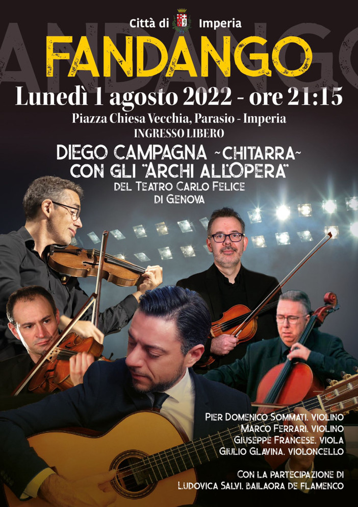 Imperia: stasera “Fandango” al Parasio, concerto di Diego Campagna accompagnato dagli Archi del Carlo Felice