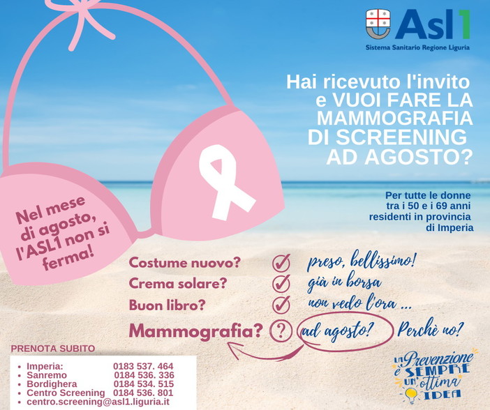 Asl 1 Imperiese: sono aperte le prenotazioni per lo screening del tumore alla mammella