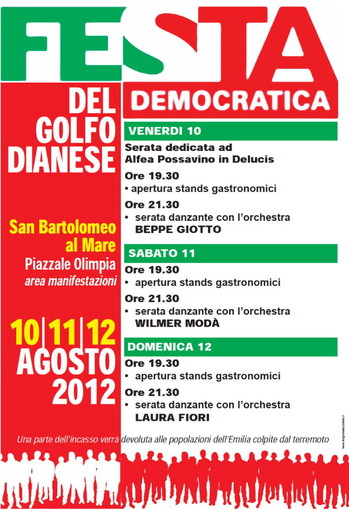 San Bartolomeo al Mare: dal 10 al 12 agosto la Festa Democratica del Golfo Dianese