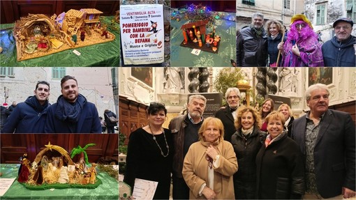 Ventimiglia Alta in festa per l'arrivo della Befana, Nicoletta Storelli e nipoti vincono il concorso dei presepi poveri (Foto e video)