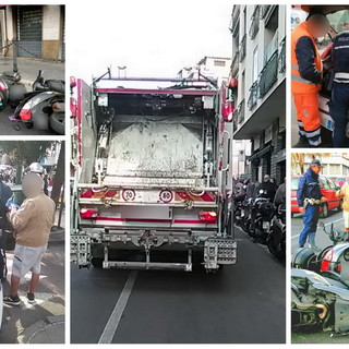 Sanremo: camion di Amaie Energia esce dalla galleria Francia ed abbatte una serie di scooter parcheggiati (Foto)