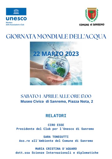 Sanremo: sabato conferenza al museo con il Club Unesco per la Giornata Mondiale dell’Acqua