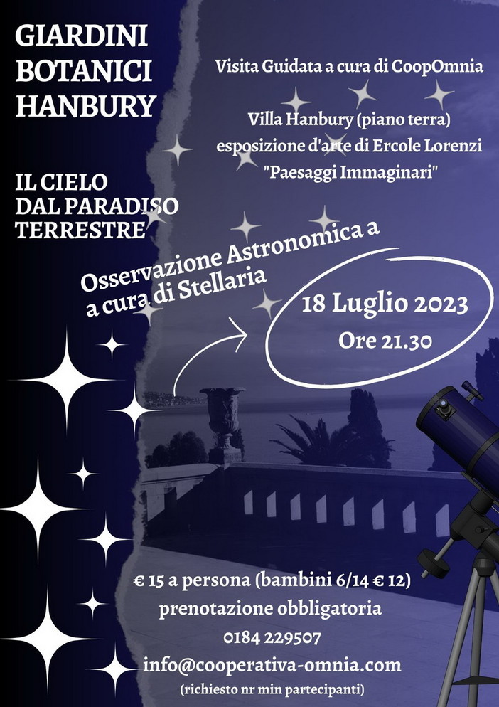 Ventimiglia:  ‘Il Cielo dal Paradiso Terrestre’, visita guidata e osservazione astronomica dalla terrazza di Villa Hanbury