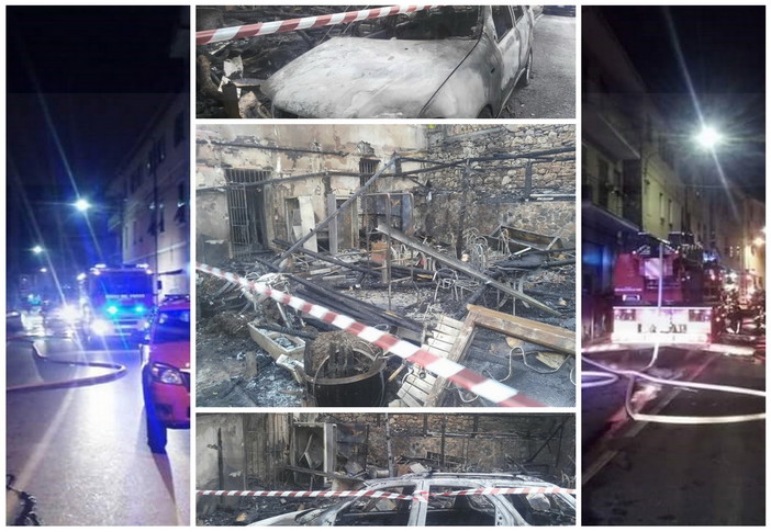Imperia: dehor di una pizzeria distrutto da un incendio, le fiamme raggiungono anche gli appartamenti superiori (Foto e Video)