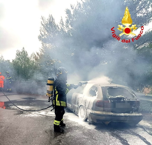 Castellaro: auto a fuoco sulla provinciale, intervento dei pompieri per spegnere le fiamme (Foto)