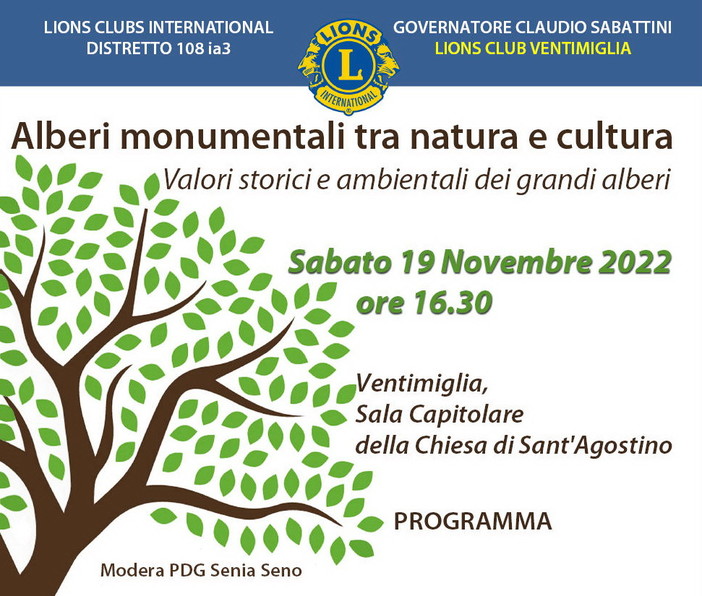 Ventimiglia: sabato prossimo a Sant'Agostino conferenza Lions su ‘Alberi monumentali tra natura e cultura’