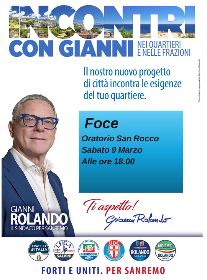 Elezioni Amministrative Sanremo: oggi pomeriggio primo incontro di Gianni Rolando con i quartieri