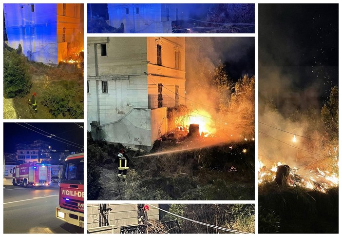 Sanremo: incendio stanotte alla Villa Helios, in fiamme parte del gerbido attorno all'ex clinica (Foto e Video)