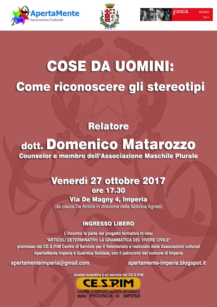 Imperia: venerdì l'incontro 'Cose da uomini', una conferenza contro tutti gli stereotipi e le forme di violenza sulle donne