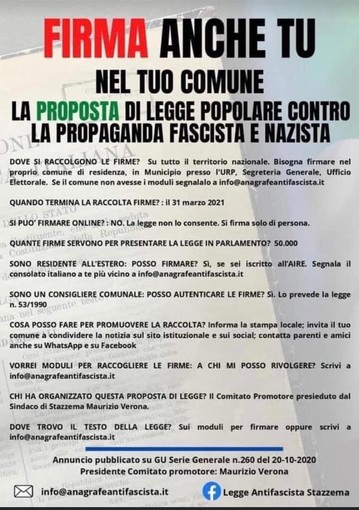 Ospedaletti: è possibile firmare anche in Comune per la proposta di Legge contro la propaganda fascista