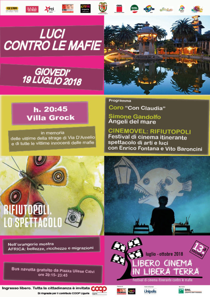 Imperia: domani sera a Villa Grock la serata “Luci contro le mafie”, evento dedicato alle vittime della strage di via D'Amelio