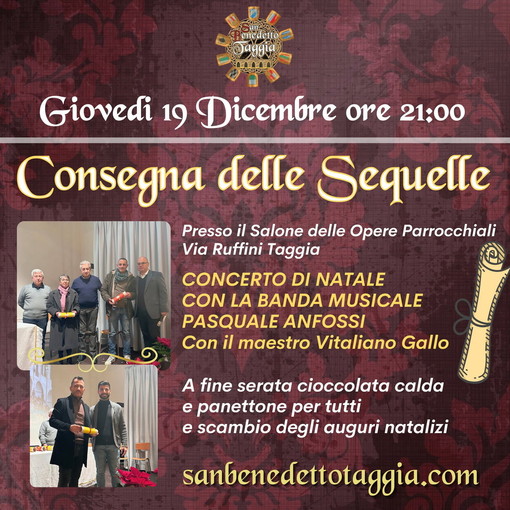 Consegna delle Sequelle a Taggia del Comitato di San Benedetto e concerto di Natale con la Banda Pasquale Anfossi